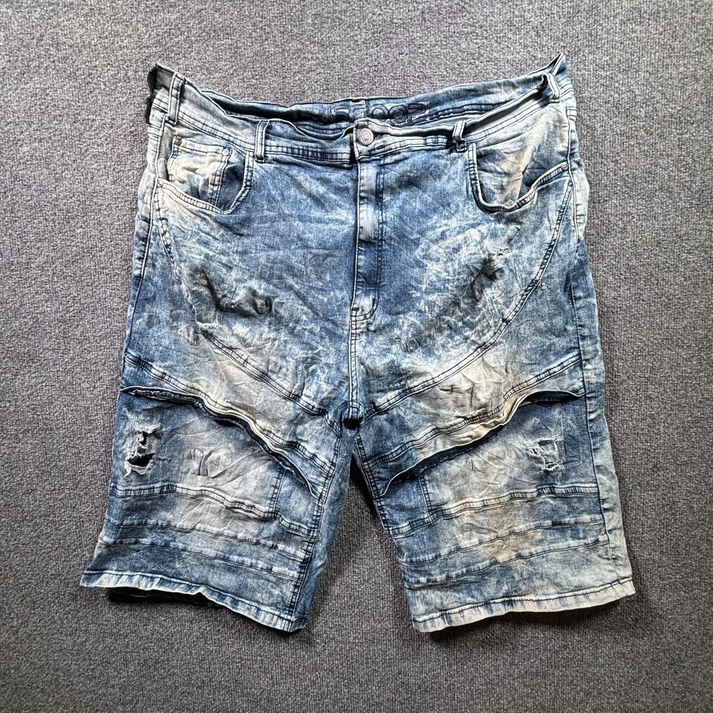 LR Scoop Shorts Men 46 Blue Denim Acid Wash Pleated Distressed Moto Biker Grunge